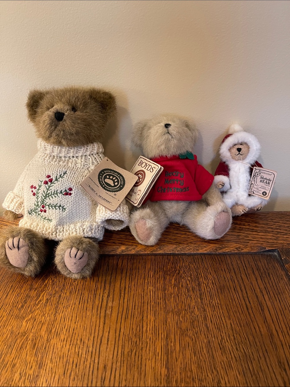 Boyds Bears Holiday Trio with tags, Mohair Bear, Christmas Bear &